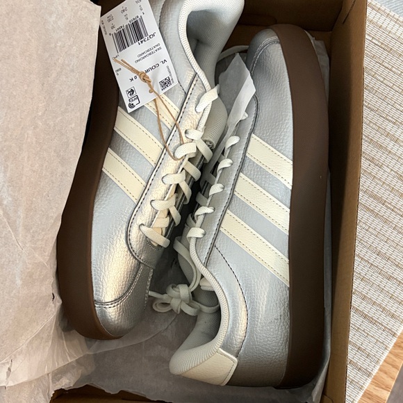 adidas Shoes - Adidas Silver and White Sneakers with Brown Soles